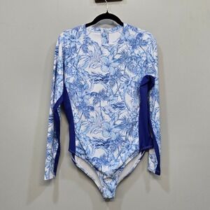UPF 50 Rash Guard Swimsuit Women 2XL Blue Tropical Floral Long Sleeve One‎ Piece